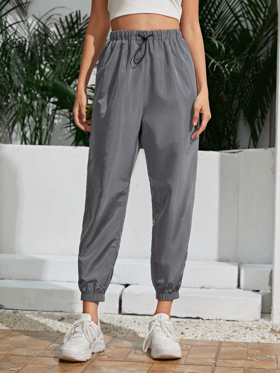 SHEIN Pantalones rompevientos de cintura con cordón - Gris - Ver 1