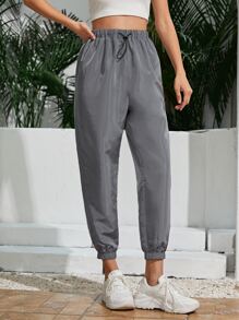SHEIN Pantalones rompevientos de cintura con cordón - Gris - Ver 5