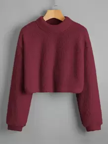 Muchica Mock Neck Drop Shoulder Crop Teddy Pullover,Long Sleeve Tops - Burgundy - View 1