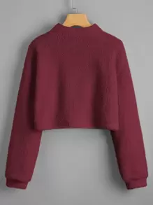 Muchica Mock Neck Drop Shoulder Crop Teddy Pullover,Long Sleeve Tops - Burgundy - View 2