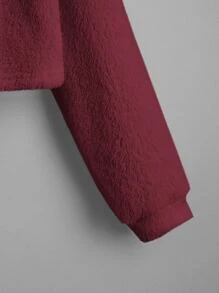 Muchica Mock Neck Drop Shoulder Crop Teddy Pullover,Long Sleeve Tops - Burgundy - View 5