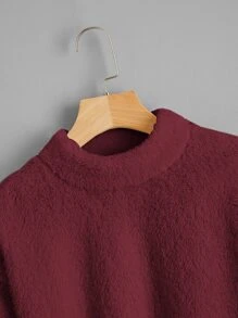 Muchica Mock Neck Drop Shoulder Crop Teddy Pullover,Long Sleeve Tops - Burgundy - View 4