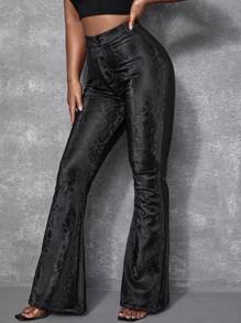 SHEIN SXY High Waist Snakeskin Print PU Leather Flare Leg Pants - Black - View 1