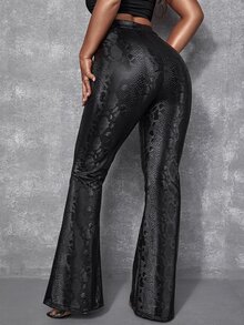SHEIN SXY High Waist Snakeskin Print PU Leather Flare Leg Pants - Black - View 2