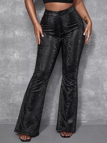 SHEIN SXY High Waist Snakeskin Print PU Leather Flare Leg Pants - Black - View 4