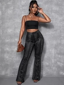 SHEIN SXY High Waist Snakeskin Print PU Leather Flare Leg Pants - Black - View 5