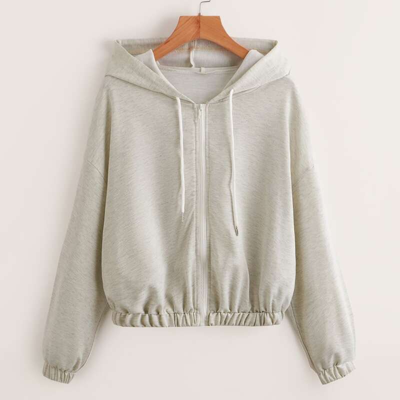 

Solid Zip Up Drawstring Hoodie, Light grey