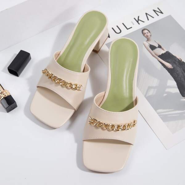 

Metal Decor Chunky Mule Sandals, Beige