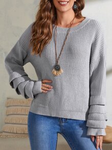 EMERY ROSE Solid Ribbed Tiered Layer Cuff Sweater