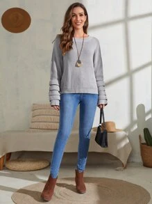 EMERY ROSE Solid Ribbed Tiered Layer Cuff Sweater
