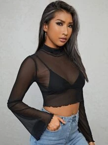 SHEIN High Neck Lettuce Trim Crop Mesh Top - Black - View 1