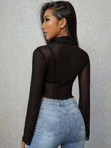 SHEIN High Neck Lettuce Trim Crop Mesh Top - Black - View 2