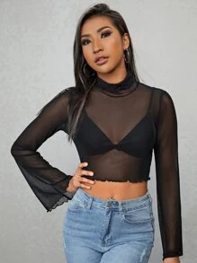 SHEIN High Neck Lettuce Trim Crop Mesh Top - Black - View 3