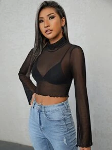 SHEIN High Neck Lettuce Trim Crop Mesh Top - Black - View 4