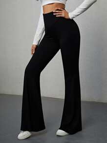 SHEIN EZwear 女士纯色高腰休闲百搭喇叭裤，弹性腰带 - 黑色 - 查看 1