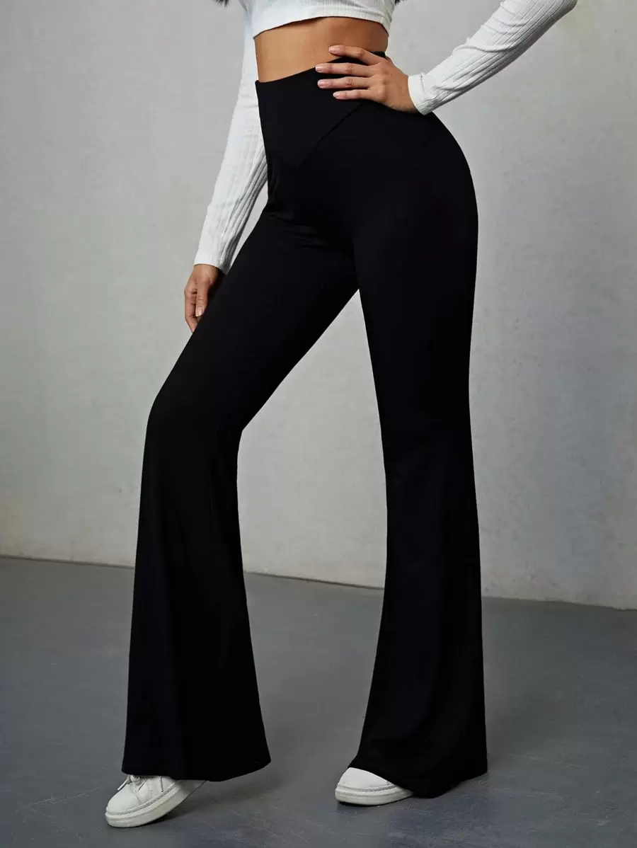 SHEIN EZwear 女士纯色高腰休闲百搭喇叭裤，弹性腰带 - 黑色 - 查看 1