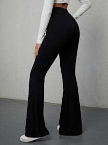 SHEIN EZwear 女士纯色高腰休闲百搭喇叭裤，弹性腰带 - 黑色 - 查看 2