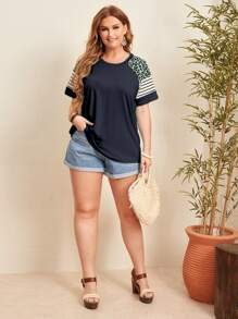 SHEIN LUNE 大碼豹紋和條紋圖案插肩袖T恤 - 藏蓝色 - 查看 3