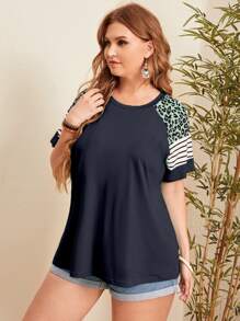 SHEIN LUNE 大碼豹紋和條紋圖案插肩袖T恤 - 藏蓝色 - 查看 4