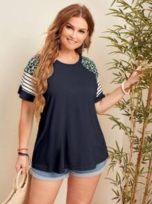 SHEIN LUNE 大碼豹紋和條紋圖案插肩袖T恤 - 藏蓝色 - 查看 5