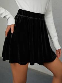 SHEIN BAE 高腰素色絲絨半身裙 - 黑色 - 查看 4