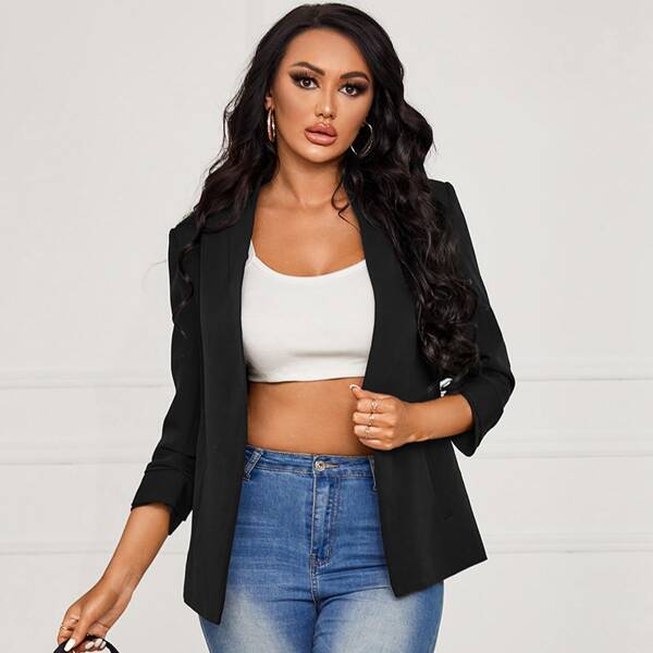 

Solid Open Front Blazer, Black