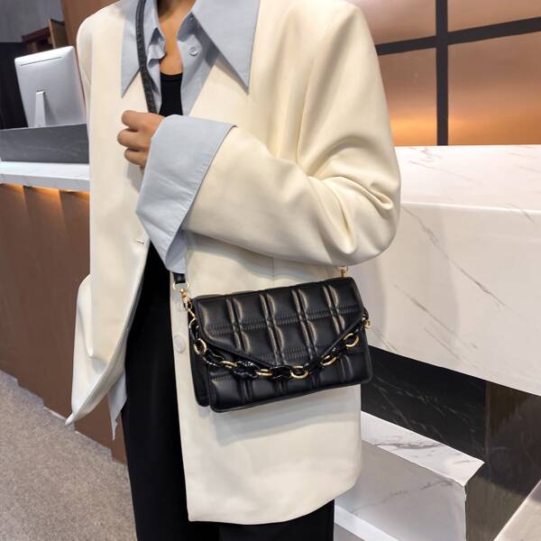 

Minimalist Quilted Chain Satchel Bag, Black
