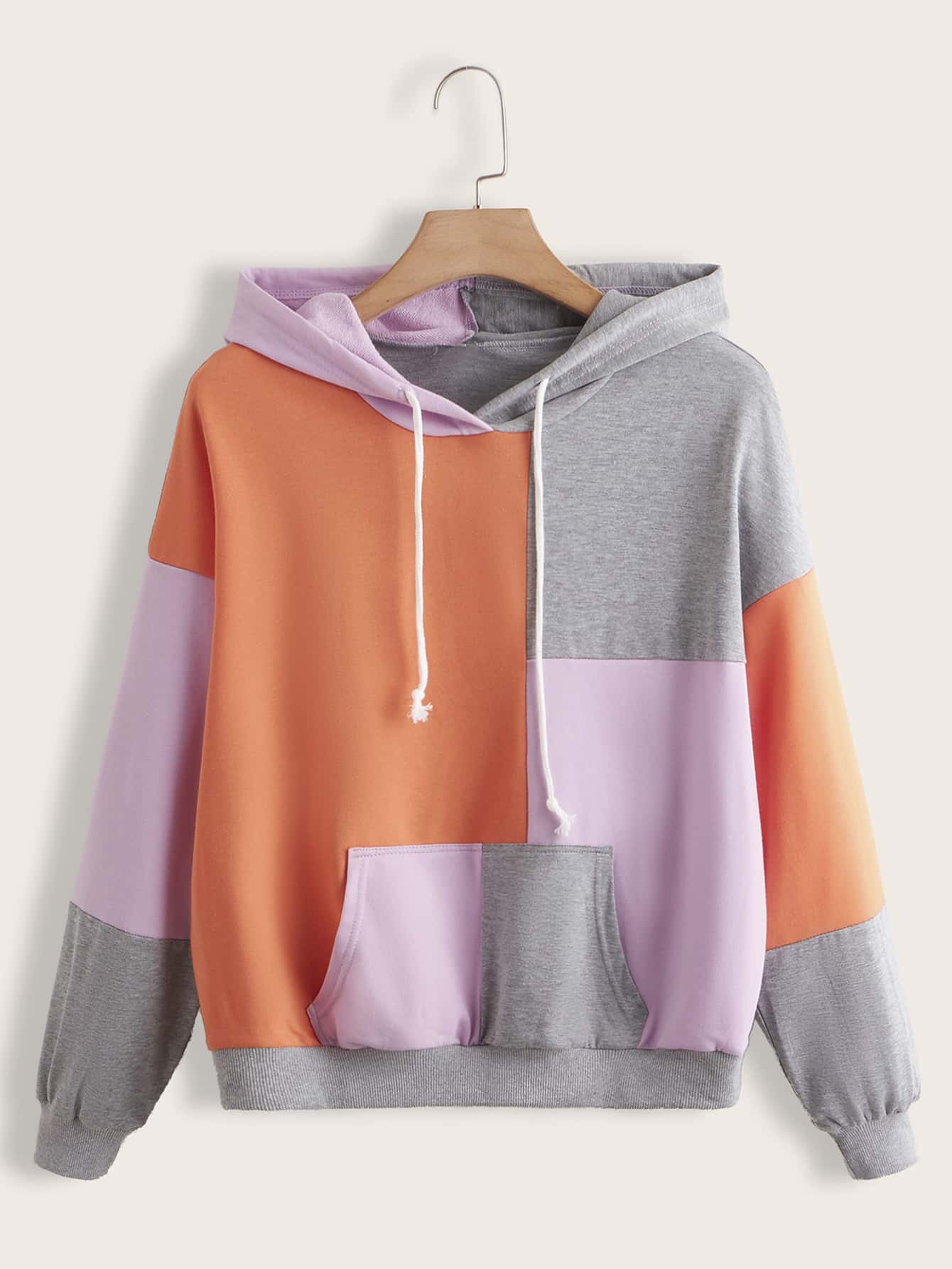 SHEIN Capucha de color combinado de hombros caídos con bolsillo de canguro con cordón - Multicolor - Ver 1