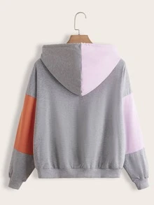 SHEIN Capucha de color combinado de hombros caídos con bolsillo de canguro con cordón - Multicolor - Ver 2