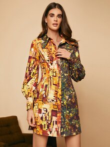 SHEIN Unity 圖案和印花撞色襯衫連衣裙 - 彩色 - 查看 3