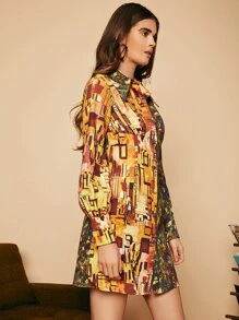 SHEIN Unity 圖案和印花撞色襯衫連衣裙 - 彩色 - 查看 4
