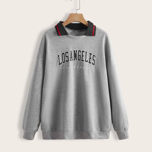 

Contrast Striped Collar Letter Graphic Pullover, Light grey