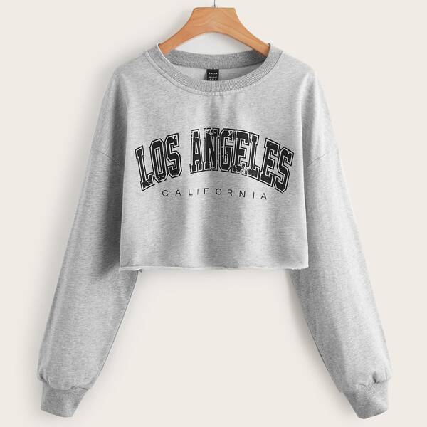 

Drop Shoulder Letter Graphic Ripped Pullover, Light grey