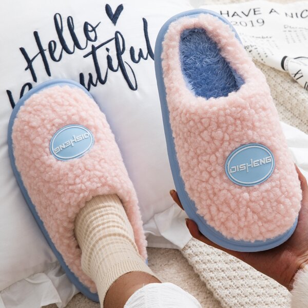 

Letter Graphic Fluffy Bedroom Slippers, Pink