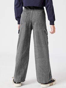 女孩高腰翻蓋口袋工裝牛仔褲 - 灰色 - 查看 2