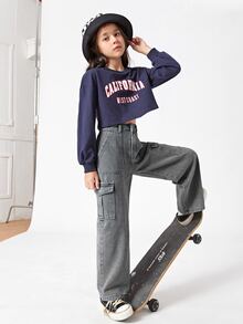 女孩高腰翻蓋口袋工裝牛仔褲 - 灰色 - 查看 3