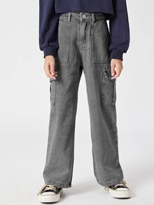 女孩高腰翻蓋口袋工裝牛仔褲 - 灰色 - 查看 4