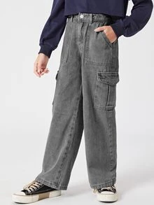 女孩高腰翻蓋口袋工裝牛仔褲 - 灰色 - 查看 5