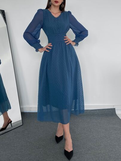 ドレス スイスドット ボタンフロント シャーリングウエスト