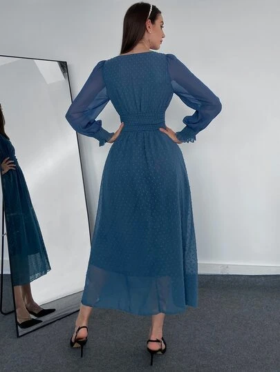 ドレス スイスドット ボタンフロント シャーリングウエスト