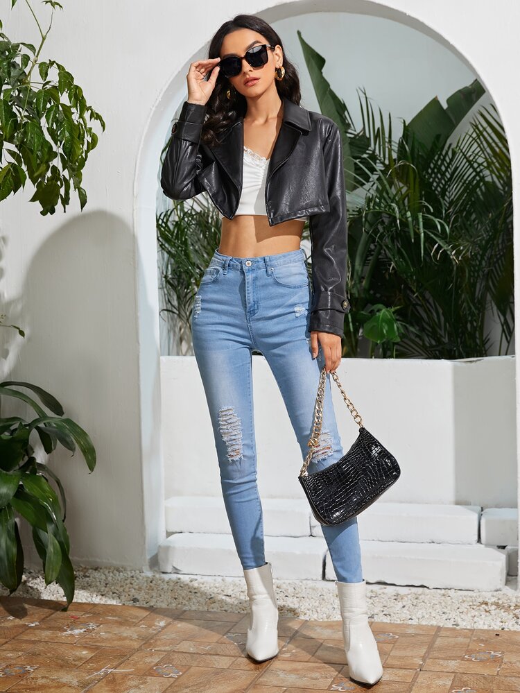 SHEIN Open Front Crop PU Leather Jacket - Black - View 4