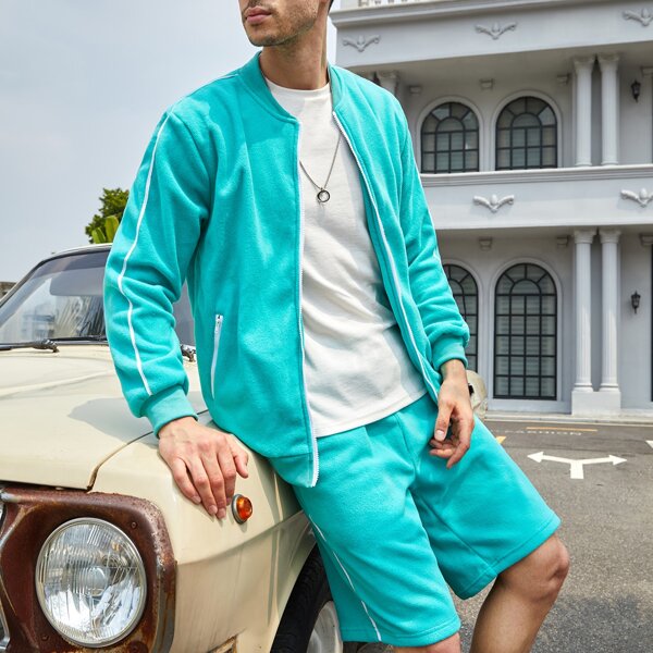 

Men Zip Up Fleece Jacket & Solid Shorts Without Tee, Mint blue