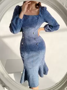 Modelyn 粗花呢方領泡泡袖魚尾洋裝 - 藍色 - 查看 1