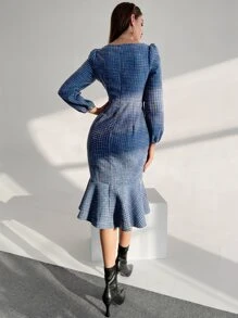 Modelyn 粗花呢方領泡泡袖魚尾洋裝 - 藍色 - 查看 2