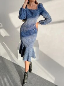 Modelyn 粗花呢方領泡泡袖魚尾洋裝 - 藍色 - 查看 4