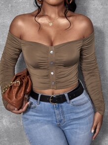 SHEIN SXY Off Shoulder Button Front Ruched Crop Top - Mocha Brown - View 3