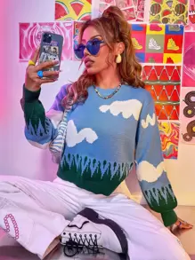 雲朵圖案撞色套頭毛衣 - 彩色 - 查看 1