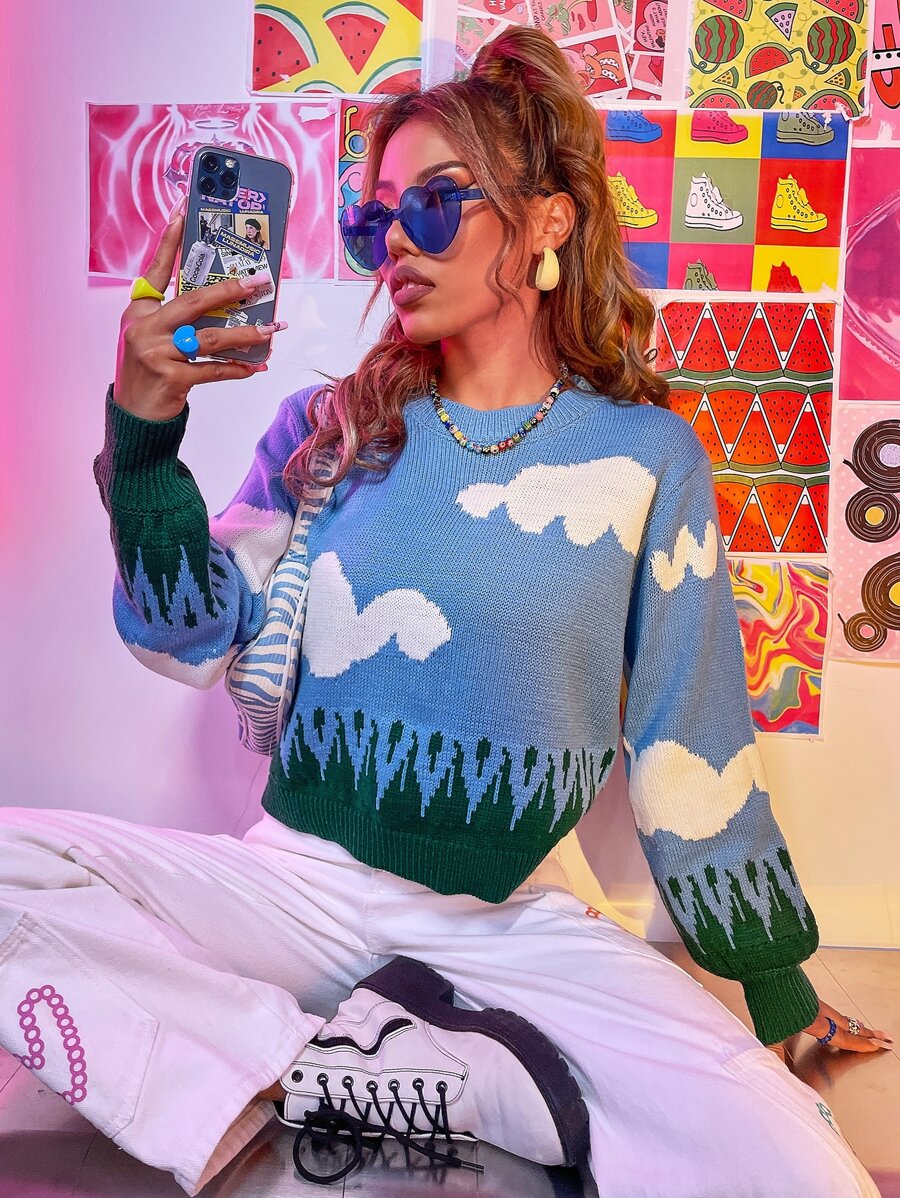 雲朵圖案撞色套頭毛衣 - 彩色 - 查看 1