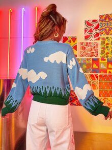 雲朵圖案撞色套頭毛衣 - 彩色 - 查看 2