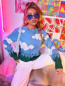 雲朵圖案撞色套頭毛衣 - 彩色 - 查看 4